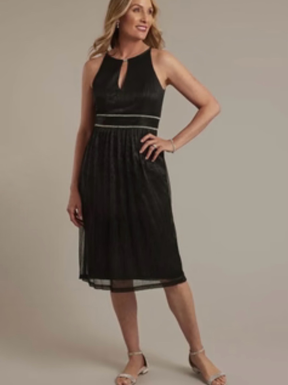 Oleg Cassini Black Sleeveless Midi Dress with Waist Detail